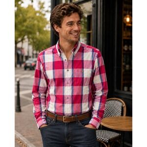Resilio Mens Lg Red Plaid Button Down Shirt Long Sleeve Preppy Collegiate 90's